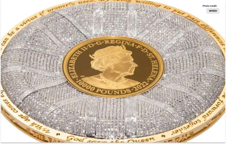 A gold basketball-sized coin commemorating Queen Elizabeth